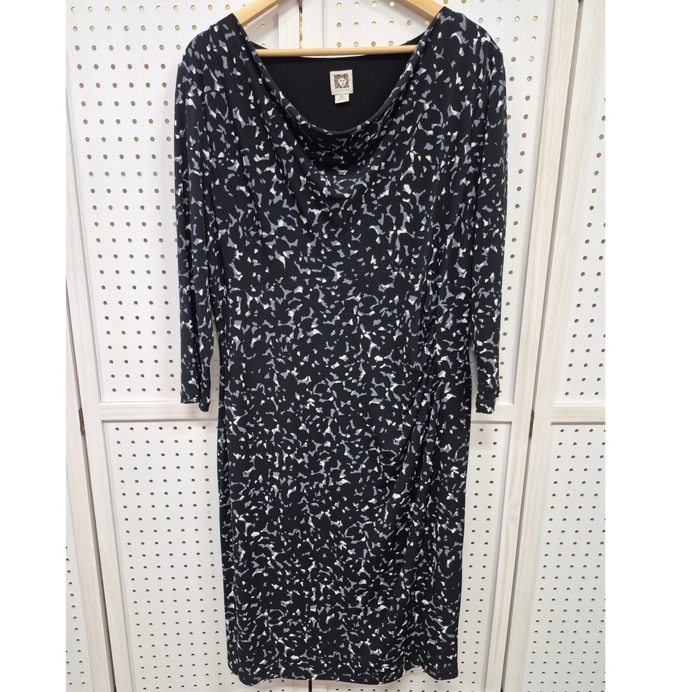 Anne Klein Black Grey Abstract Print Cowl Neck Ruched Sheath Dress Size 16